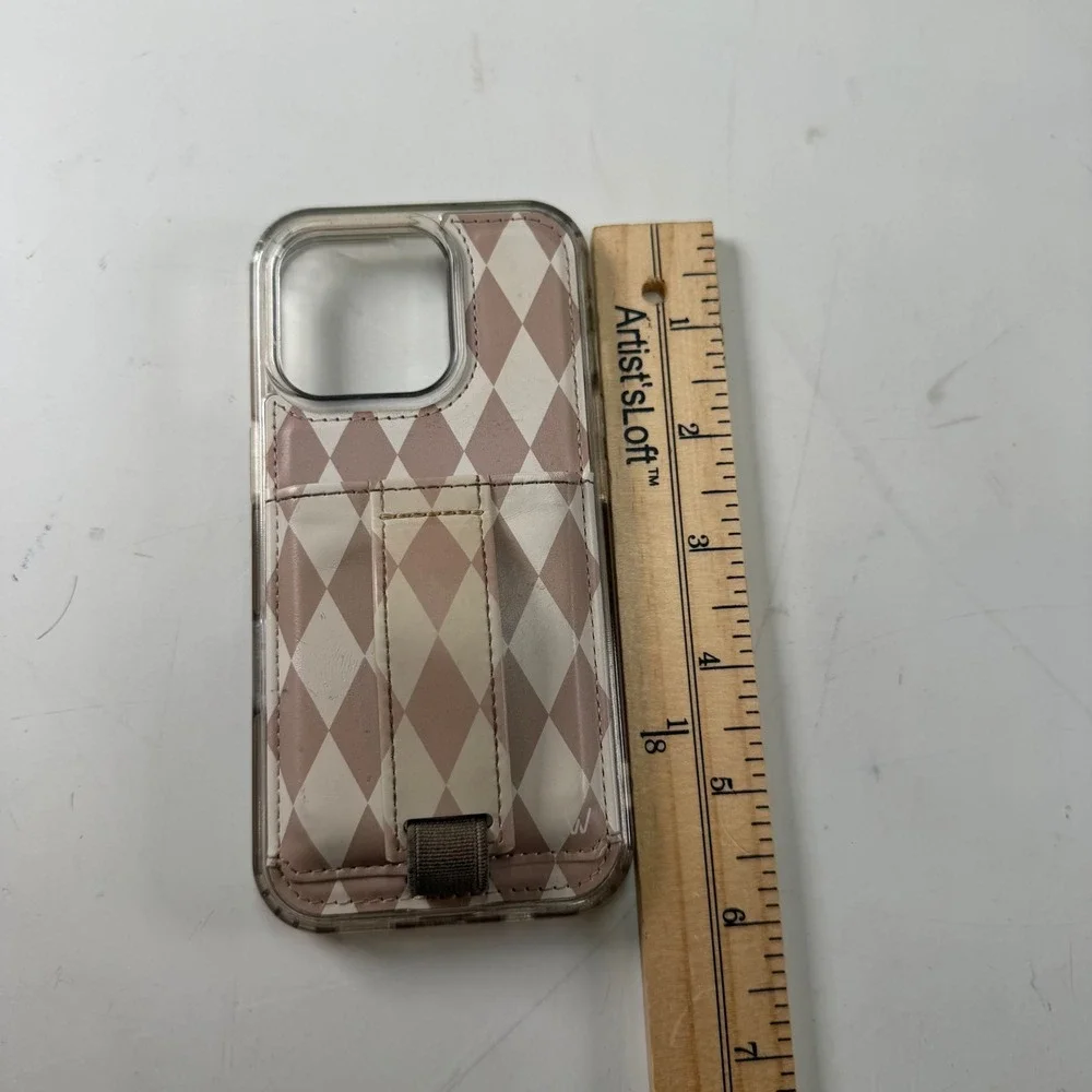 WALLI iPhone 16 Pro Case Tan Cream Diamond Print Finger Strap Card Holder